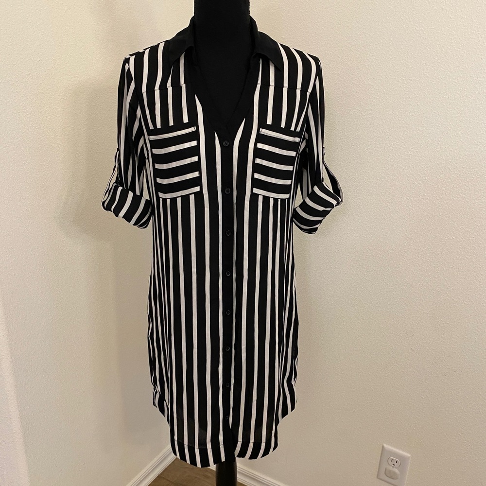 Express The Portofino Shirt Dress S Black White Striped Long Roll Tab Sleeve - Picture 2 of 14